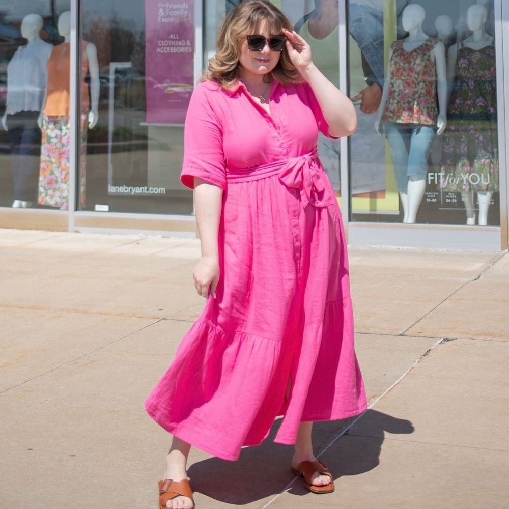 Lane Bryant Pink Cotton Gauze Tiered Midi Botton Tie Shirtdress Size 26/28 NEW